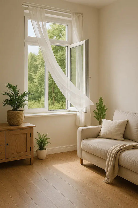 Ambielectric Plus Magic Neutralizer in een frisse woonkamer met open raam en natuurlijke lichtinval. Ideaal voor geurcontrole in huis.