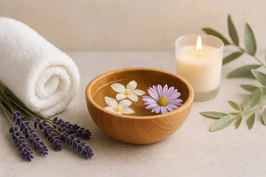 Rustgevende spa-sfeer met lavendel, kaars en bloemen, perfect passend bij Ambielectric Star navulling SPA voor ontspanning thuis of in salons.